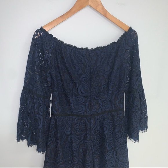 Freda Marie Lace Romper Off-The-Shoulder Navy Black Bell Sleeves Size  Medium‎ - Picture 8 of 11